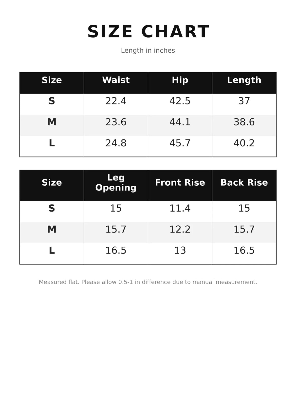 pants, size and measurement chart