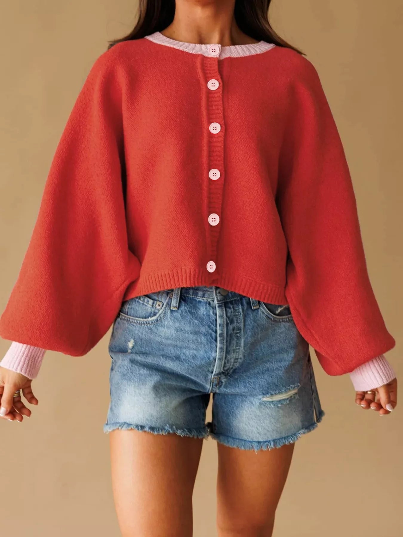 Trendsi Button-Front Knit Cardigan with Contrast Trim -