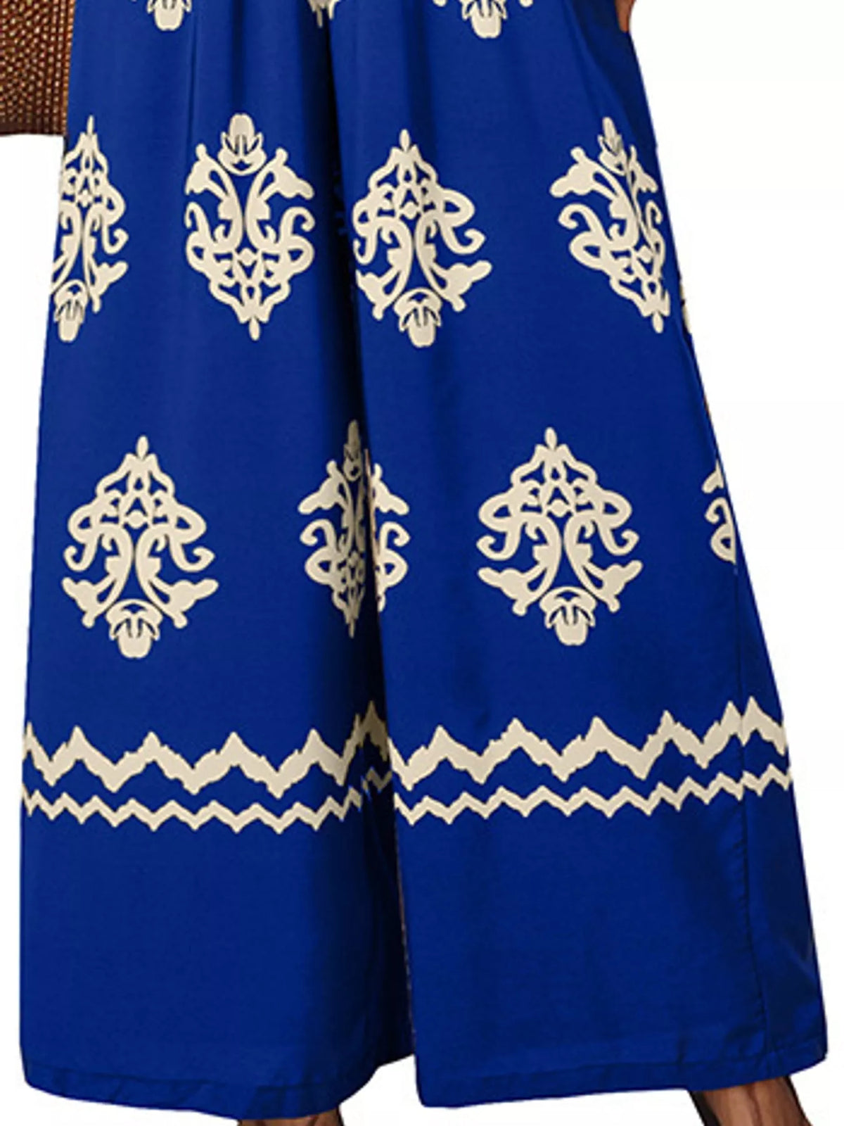 Wide-leg ornamental-print short-sleeve jumpsuit, garment detail