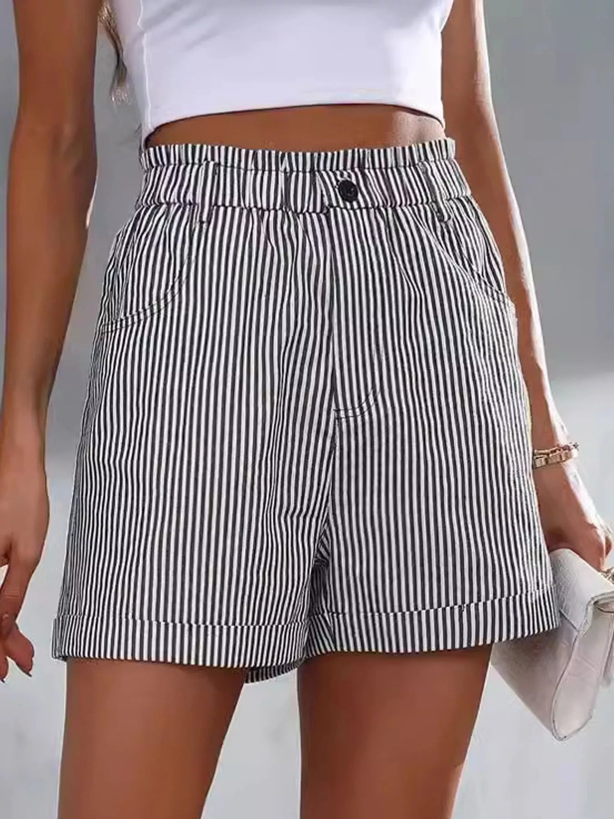 Black and white high waisted striped shorts, front view