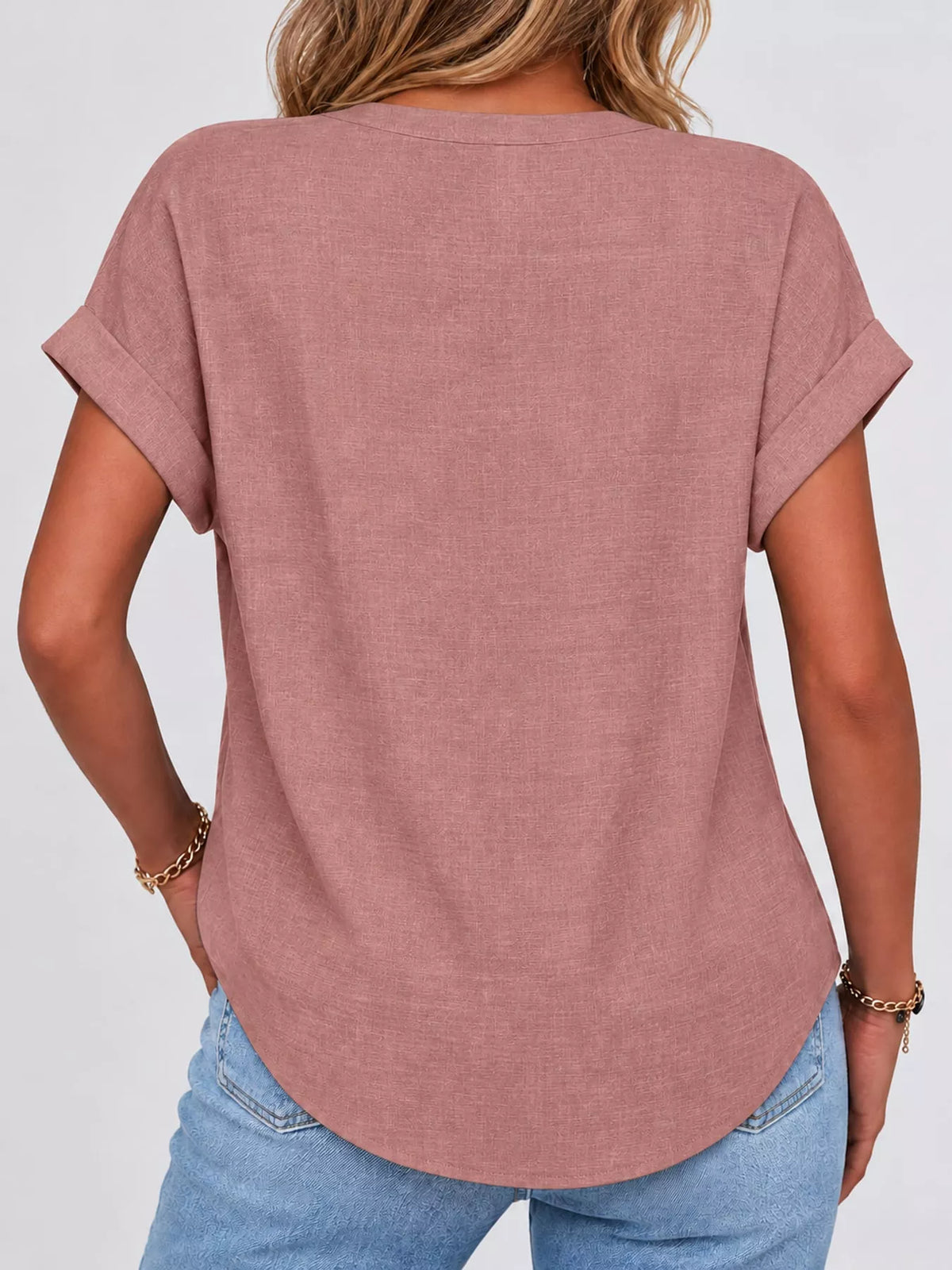 Dusty pink button detail short sleeve blouse, back view