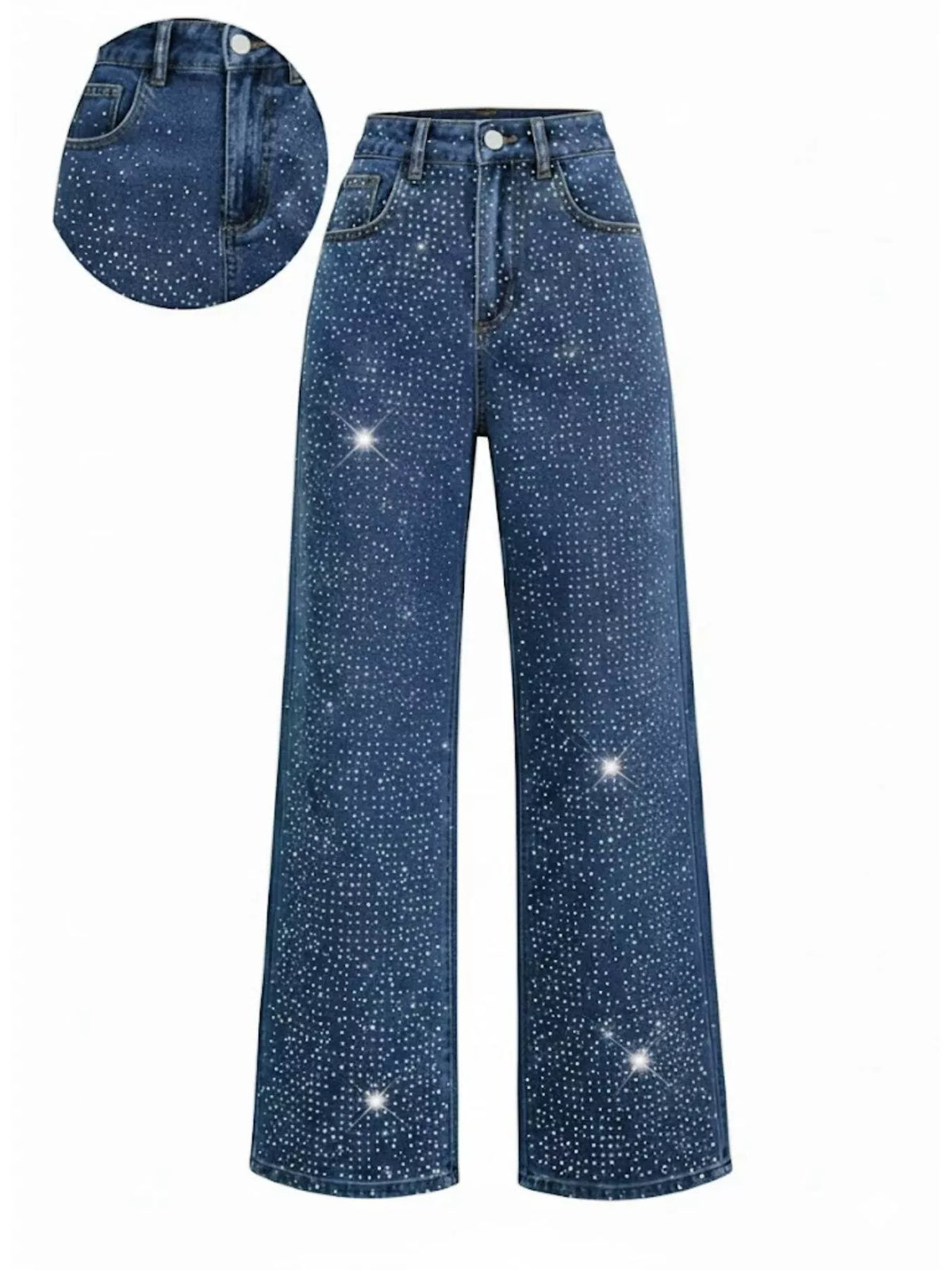 Dark blue high-waisted rhinestone wide-leg jeans — front view