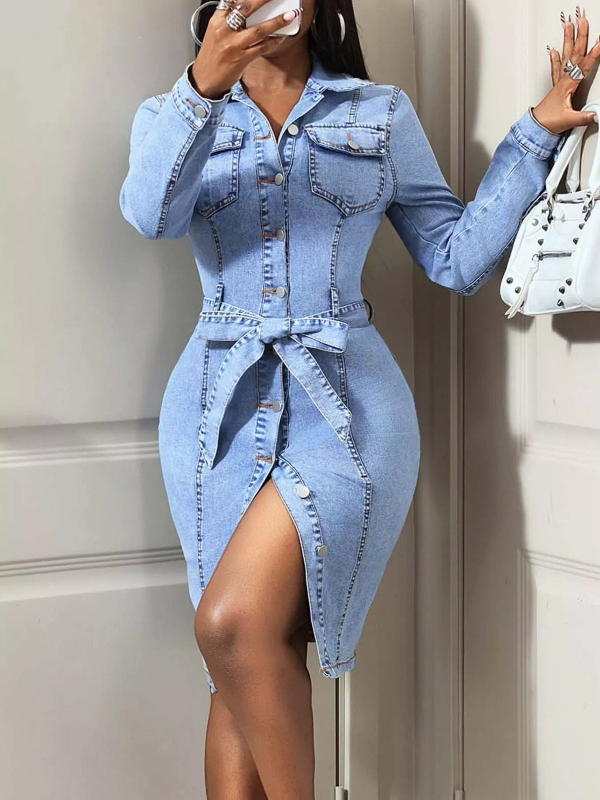Women's Button-Down Tie Waist Denim Dress in Blue, front view