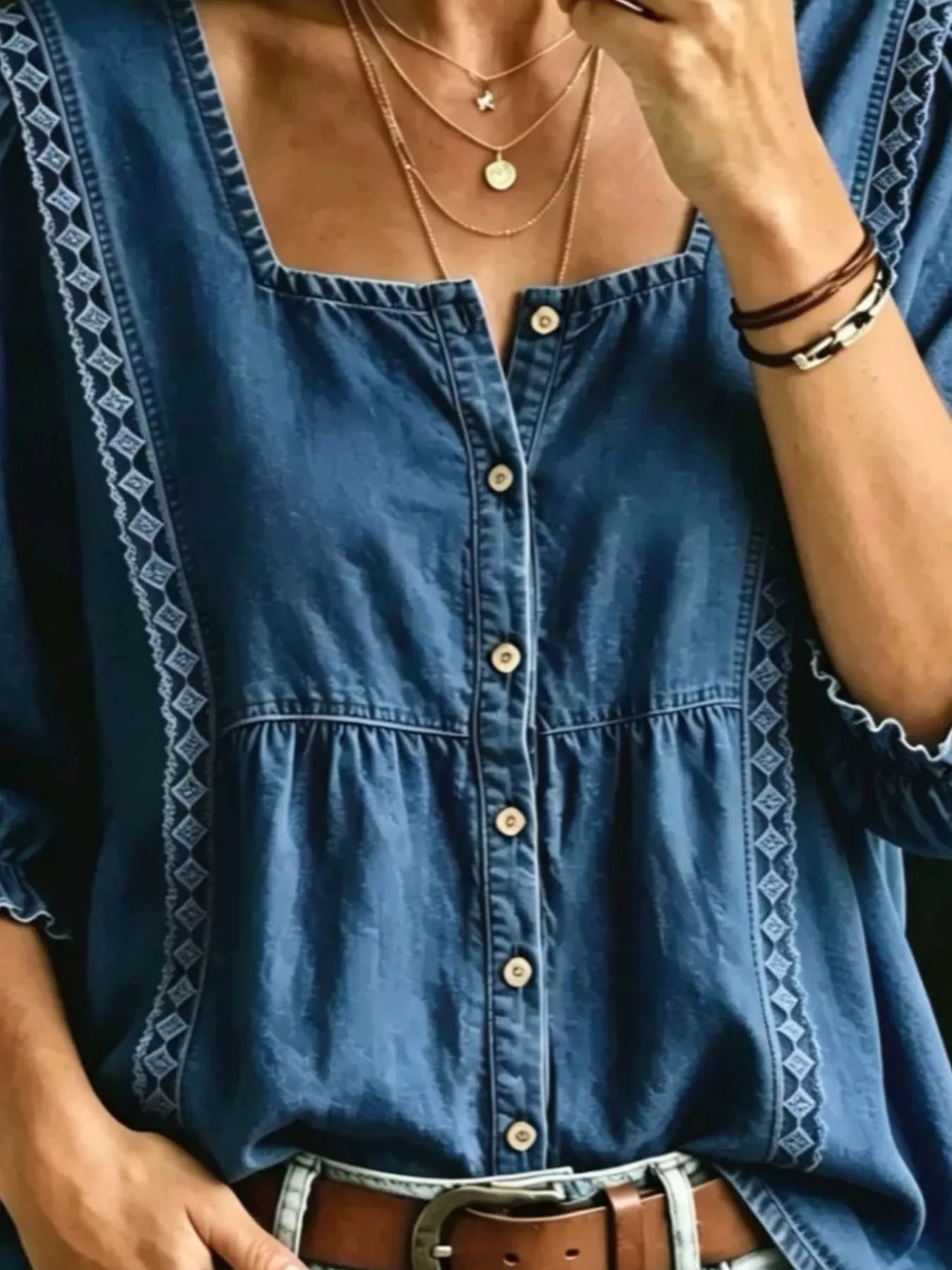 Trendsi Full Size Square Neck Button-Down Denim Shirt Plus Size -