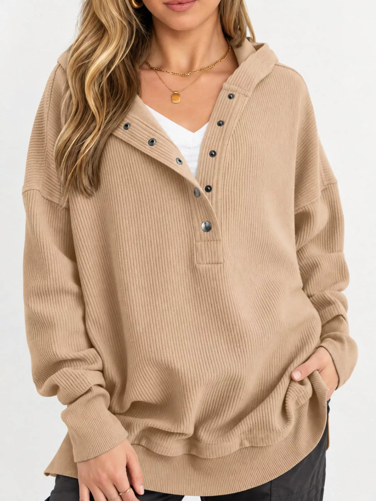 Women's Snap Button Placket Dropped Shoulder Hoodie in tan — front view