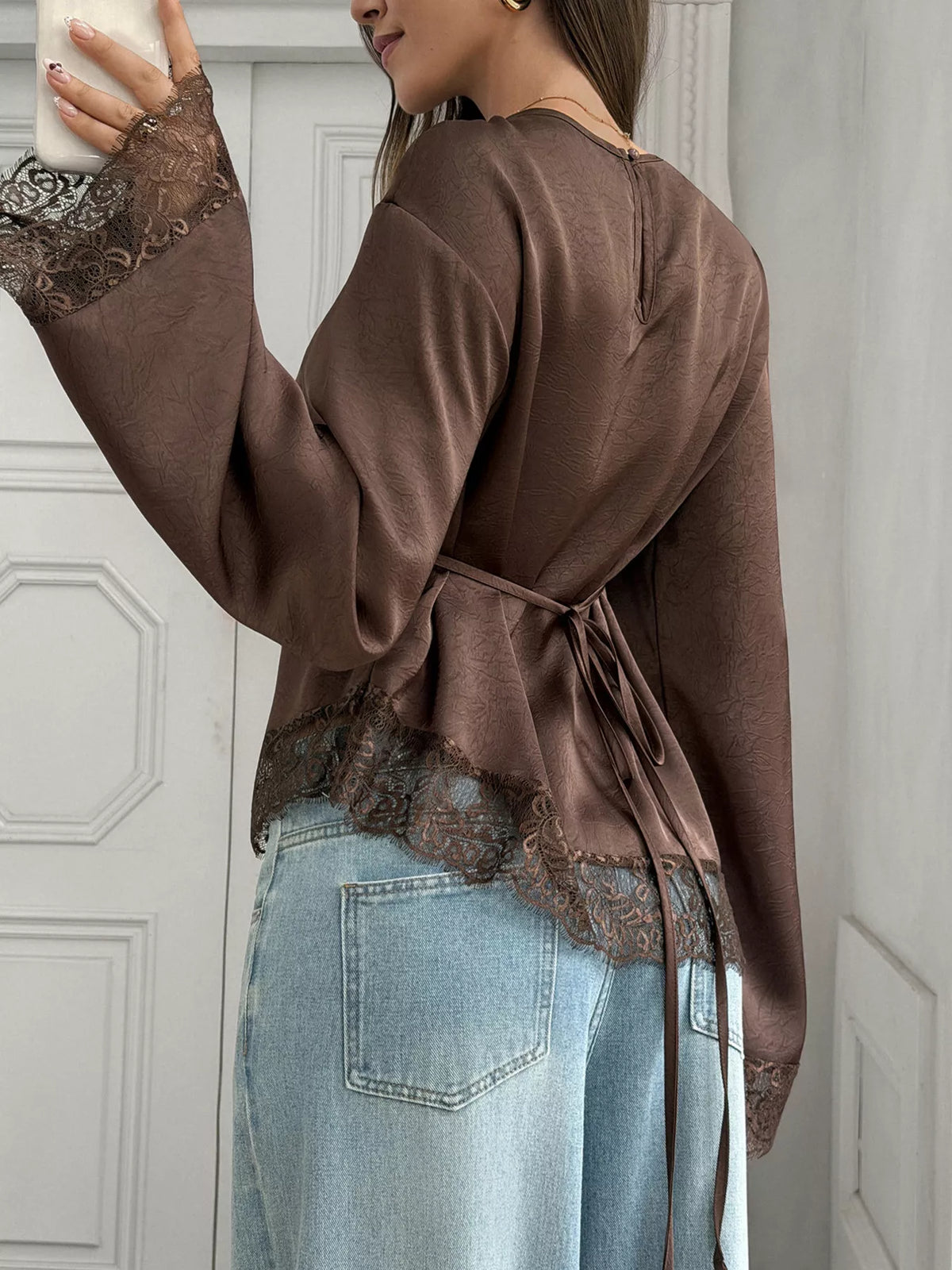 Lace Trim Flare Sleeves Satin Blouse in brown, back and tie detail