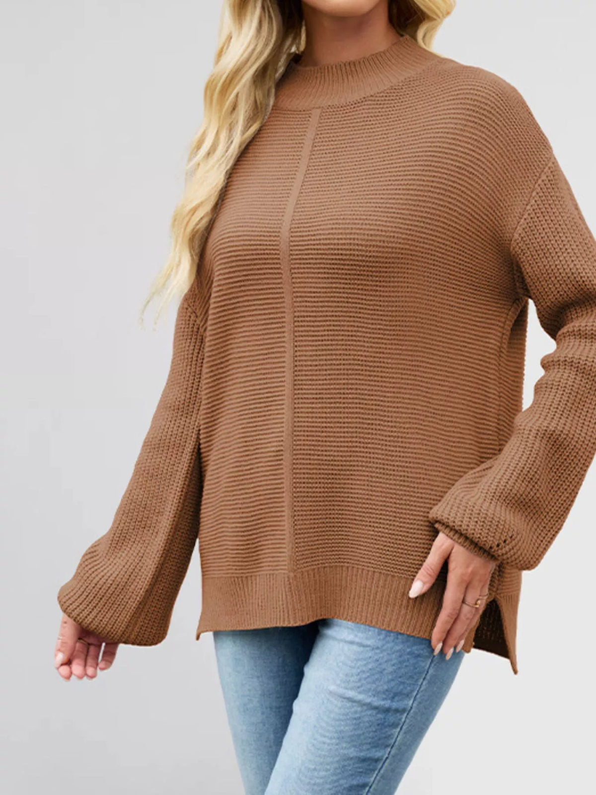 Trendsi Ribbed Mock Neck Drop Shoulder Sweater -