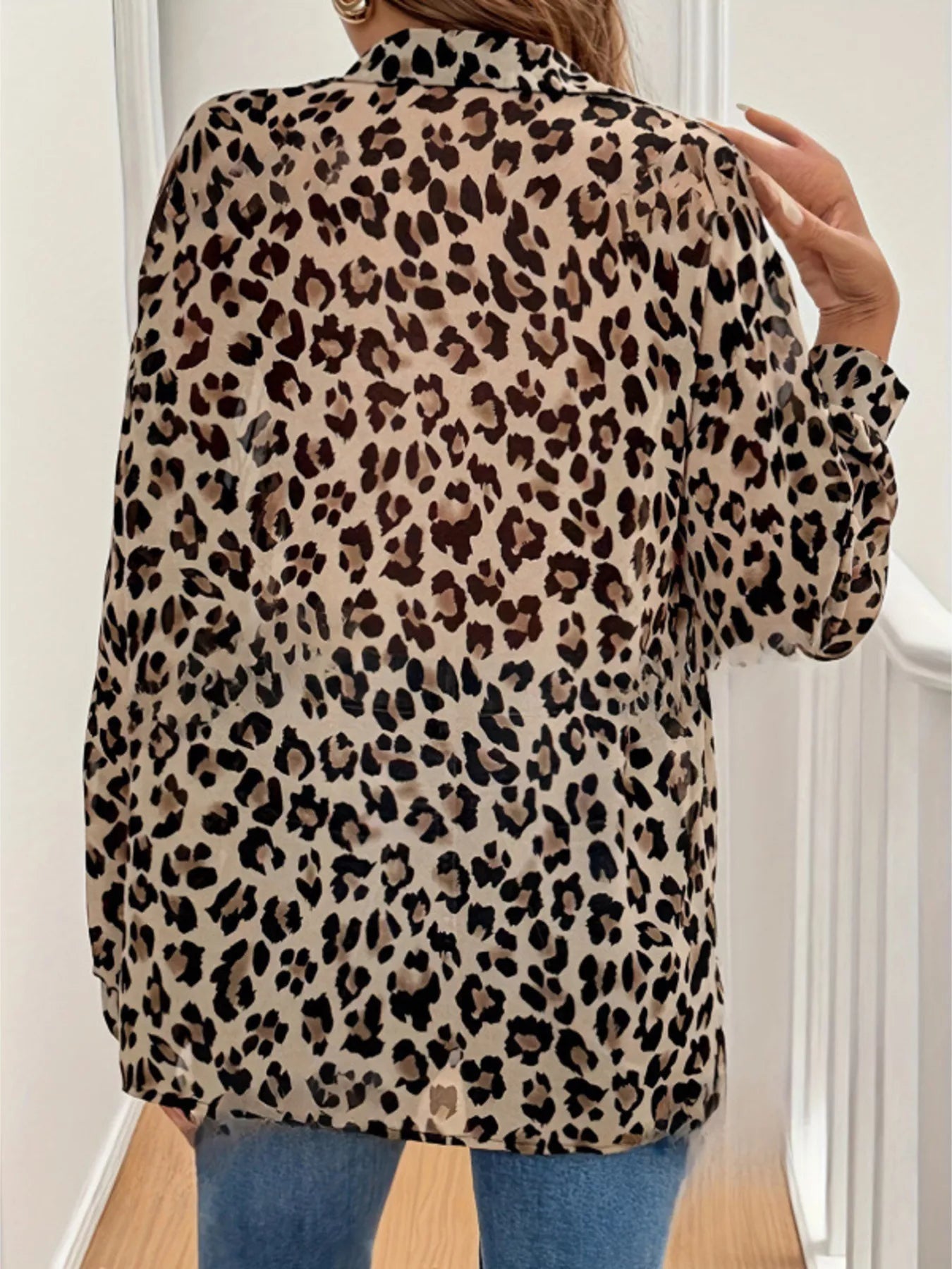 Trendsi Leopard Print Button-Down Long Sleeve Shirt -