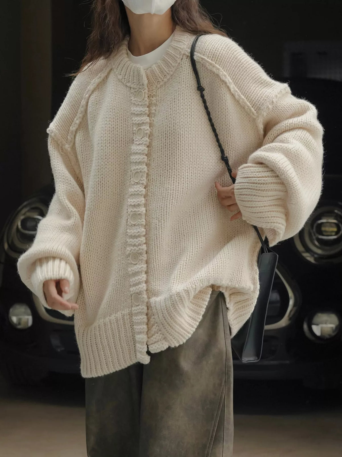Oversized Chunky Knit Cardigan with Textured Button Placket in cream