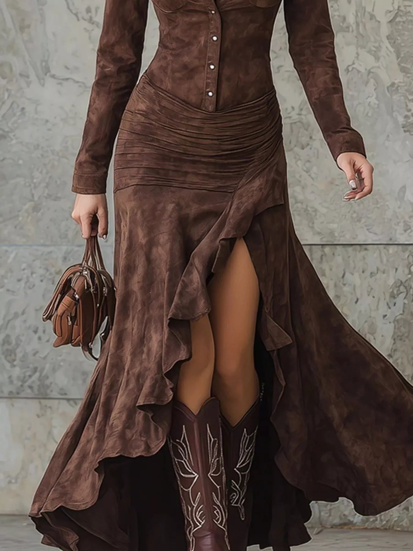 Trendsi Full Size High-Low Long Sleeve Maxi Dress Plus Size -