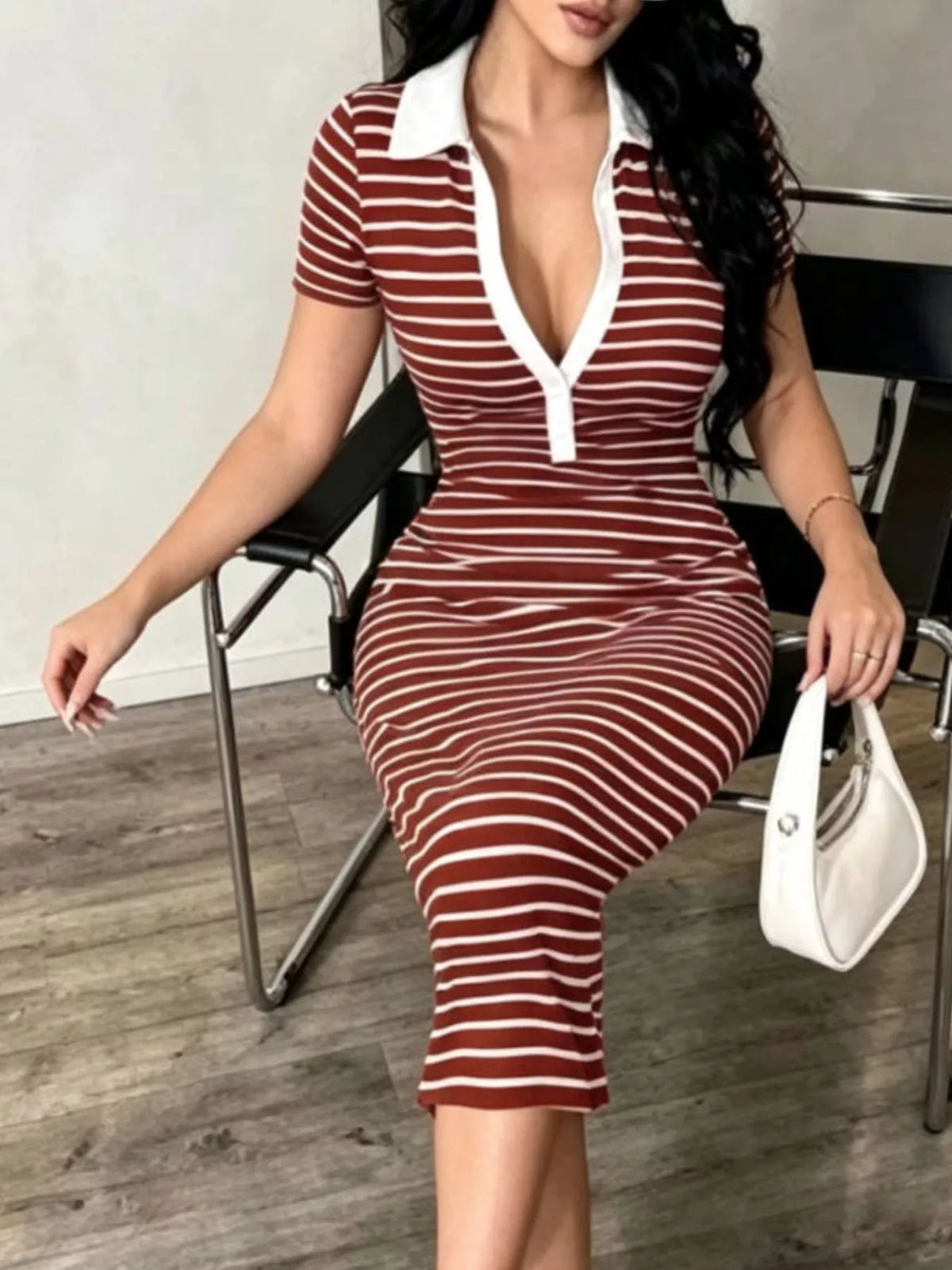 Striped Short Sleeve Bodycon Midi Dress in brown and white, front view