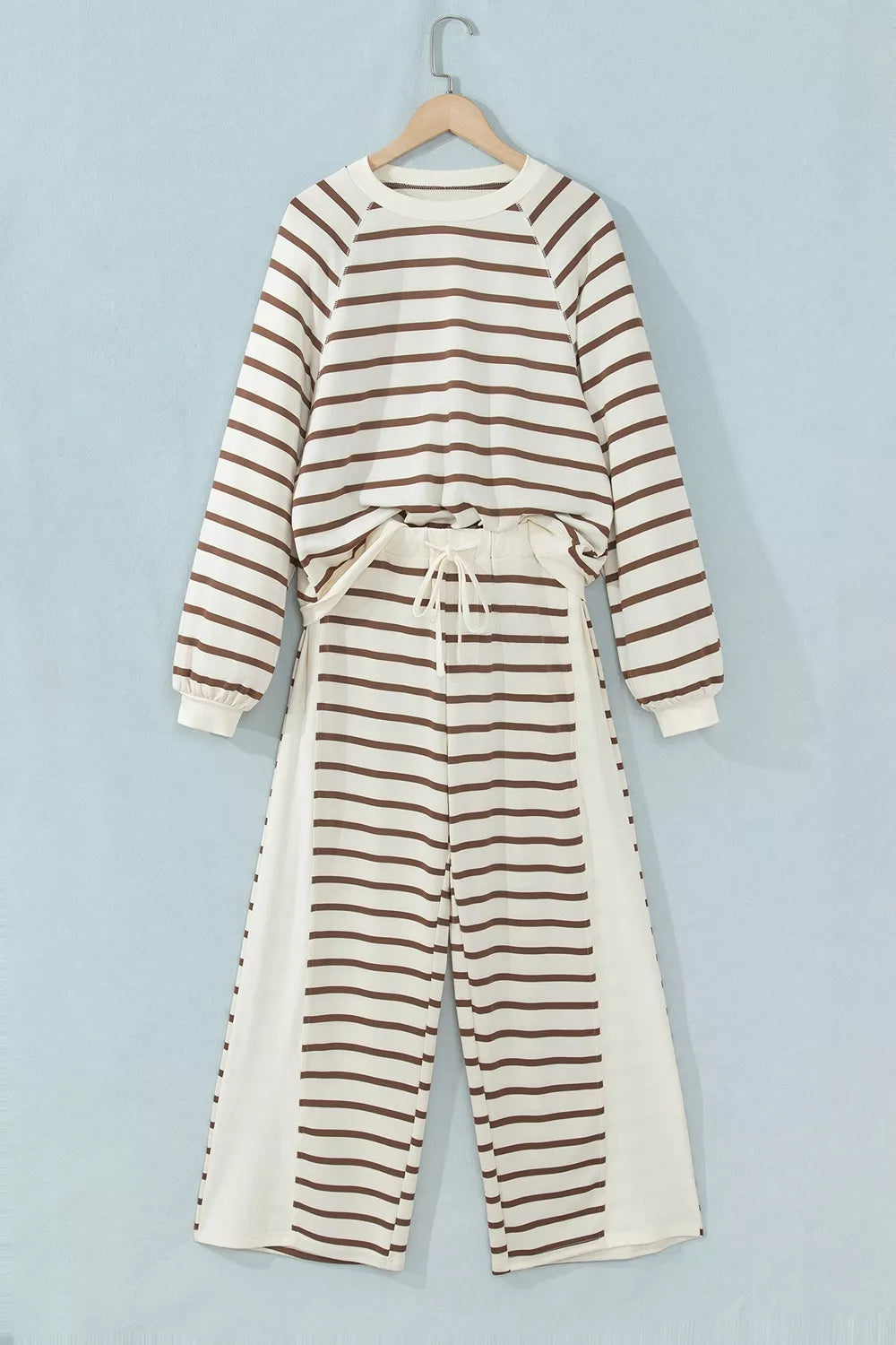 Beige striped long sleeve top and drawstring pants set