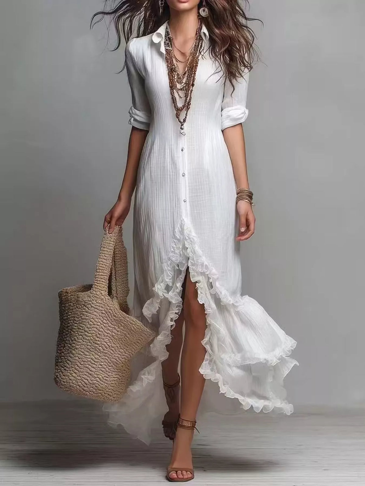 Button-Down Ruffled High-Low Maxi Dress, front view