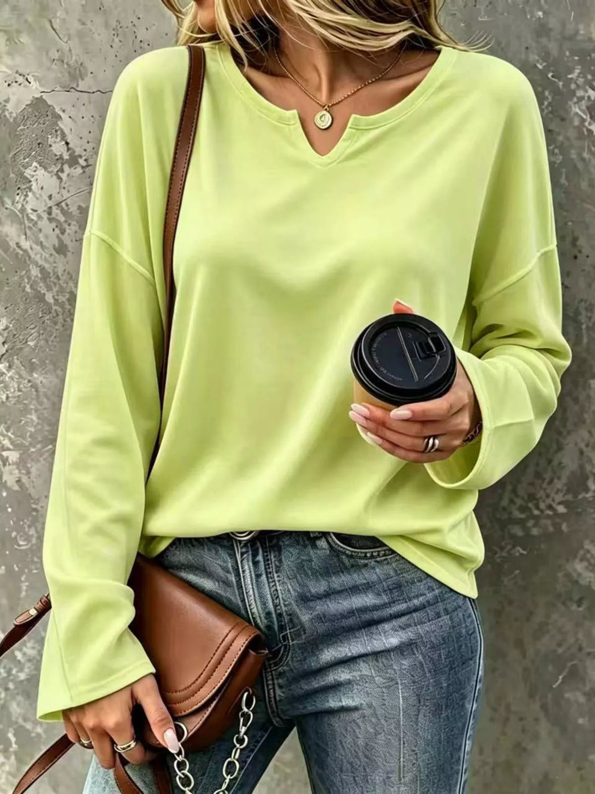 Lime Loose-Fit Notch Neck Long Sleeve T-Shirt front view