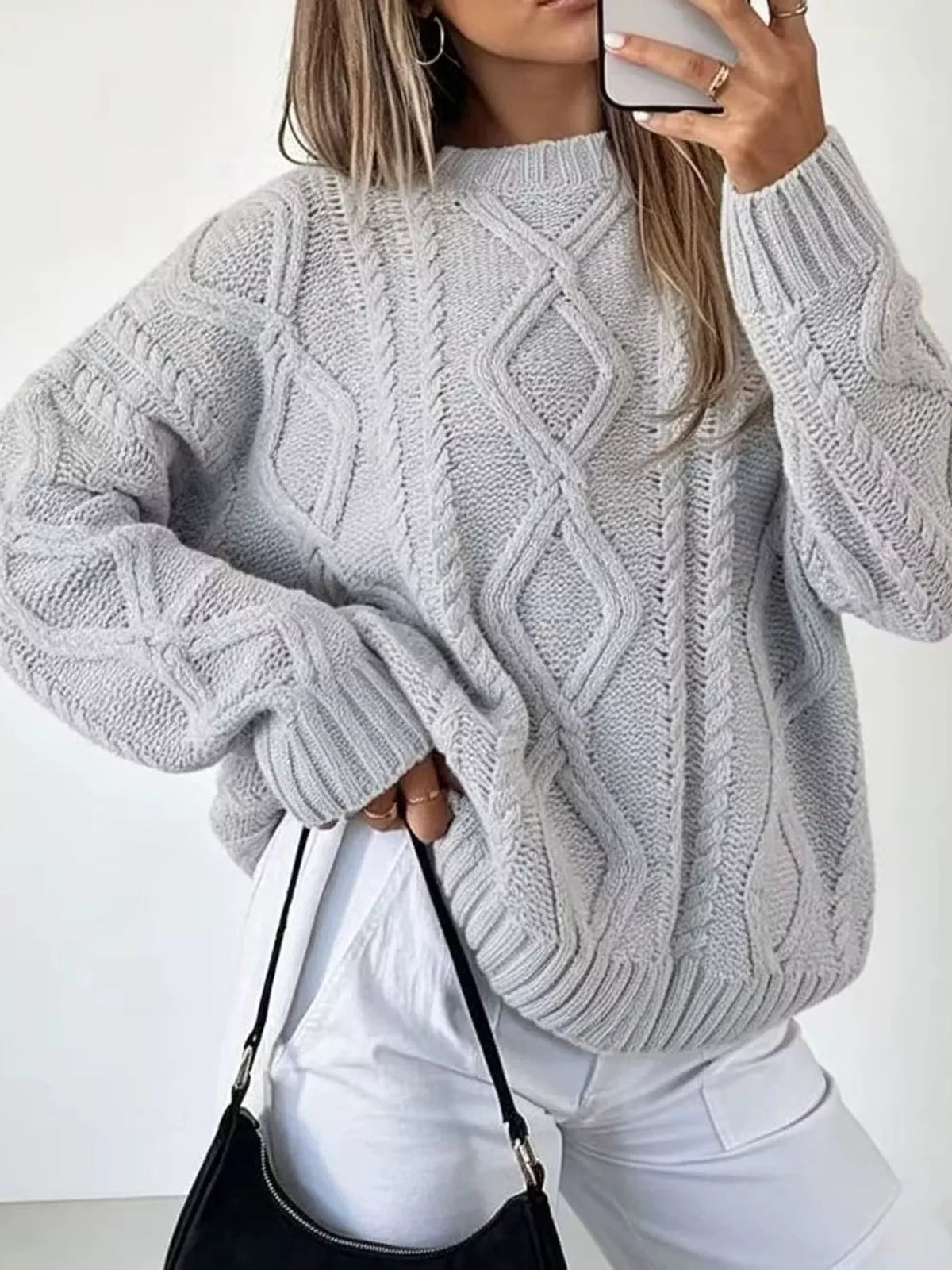 Gray cable-knit round neck sweater