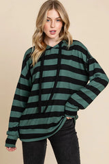 Trendsi BOMBOM Drawstring Striped Dropped Shoulder Hoodie -