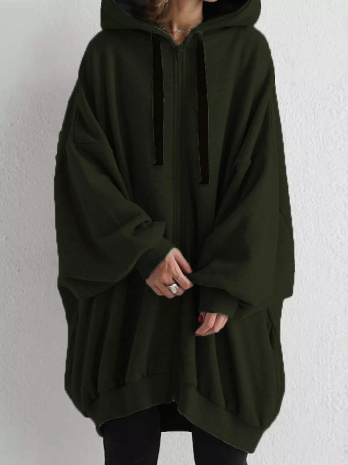 Army Green drawstring zip-up oversized hoodie