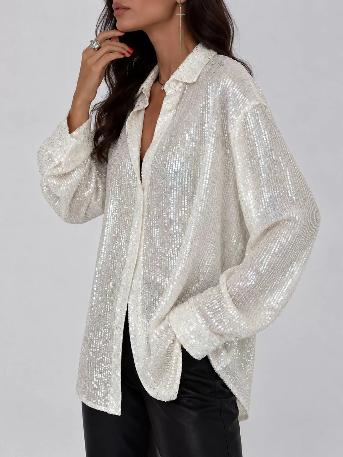 Apricot Gold sequin button up long sleeve shirt