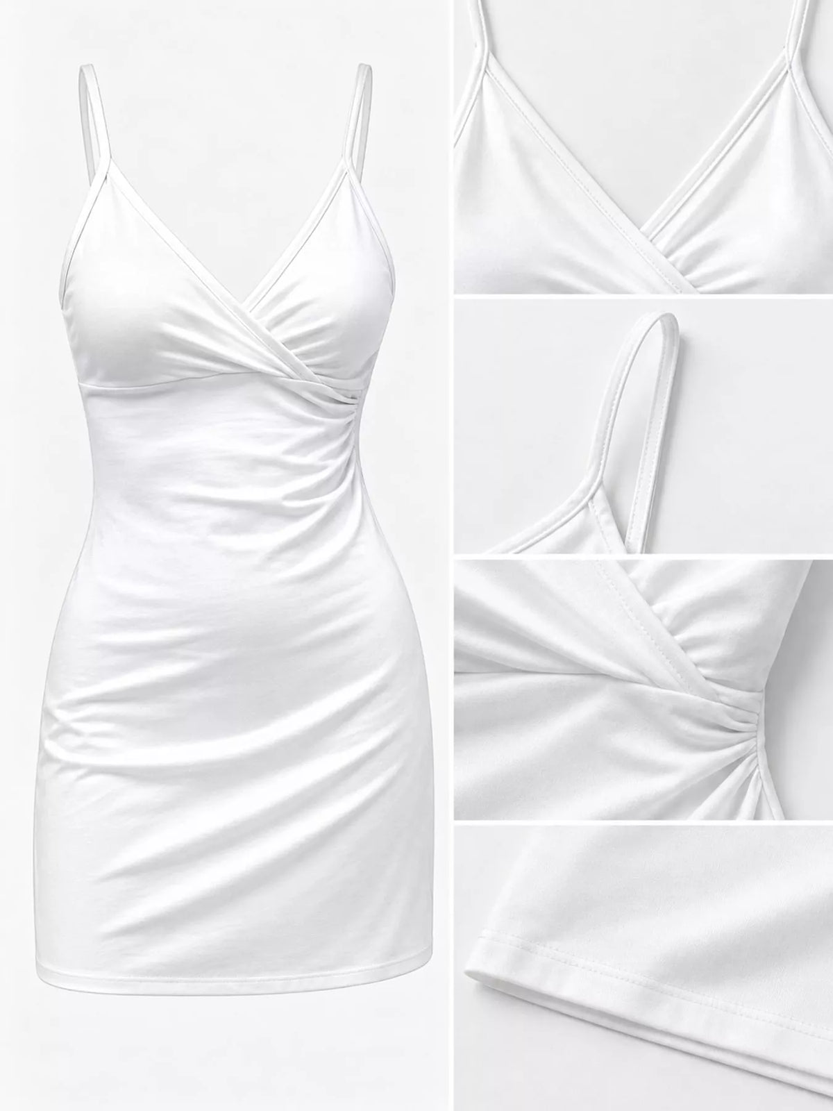Women's Spaghetti Strap Mini Dress in white — detail collage view