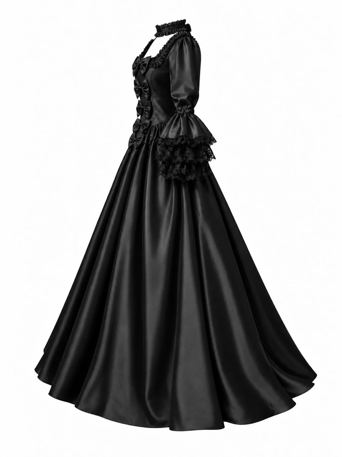 Victorian Gothic Satin Ball Gown Dress with Bow Accents in black