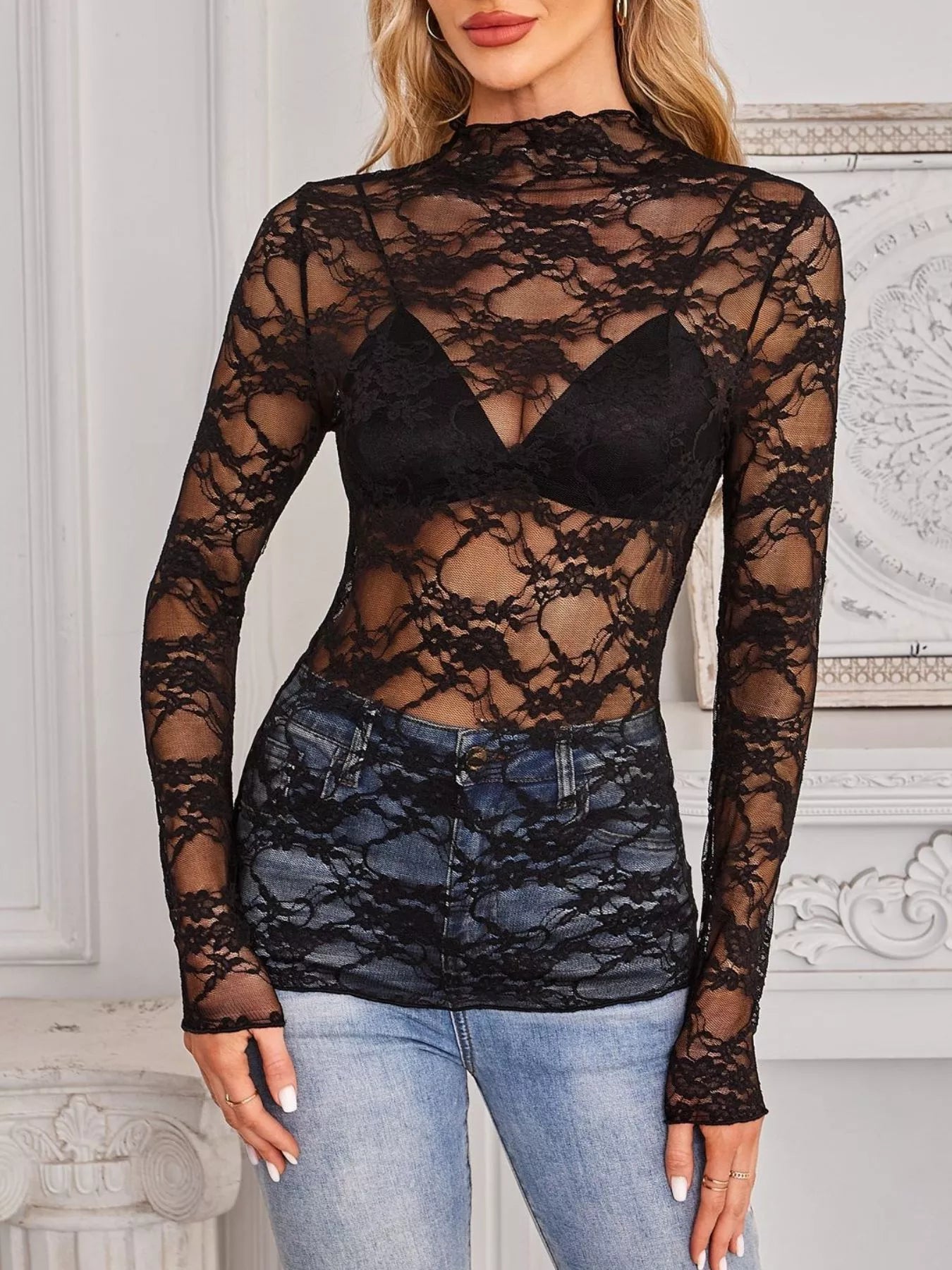 Trendsi Sheer Floral Lace Long Sleeve Top -