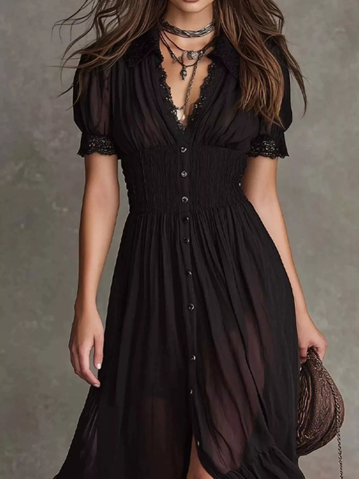 Black button-down midi dress with lace trim, bodice detail