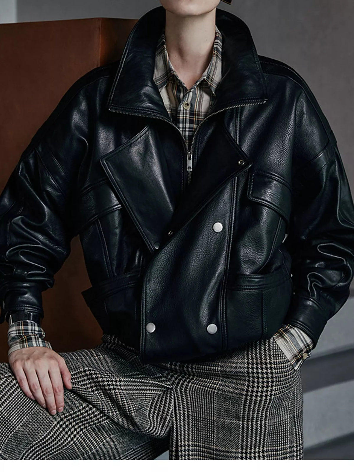 Snap Down Leather Jacket in black, front view