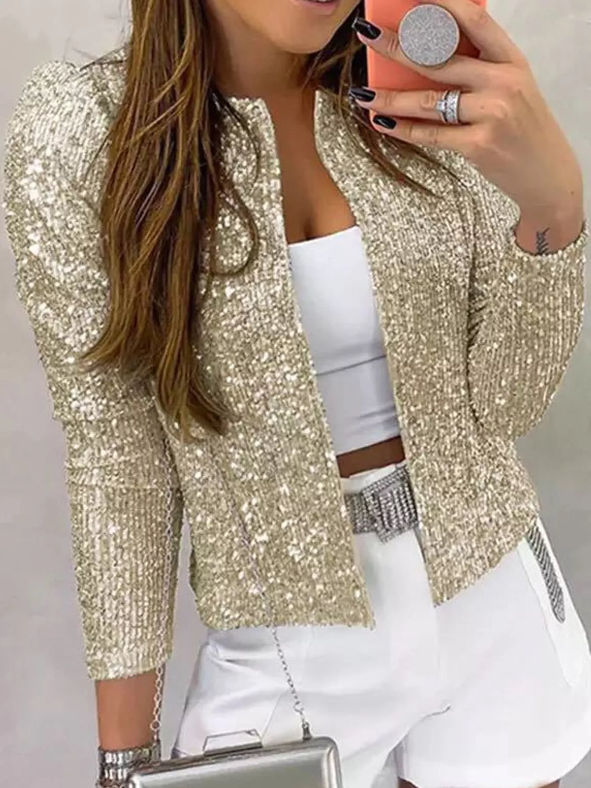 Sequin Long Sleeve Jacket — front view