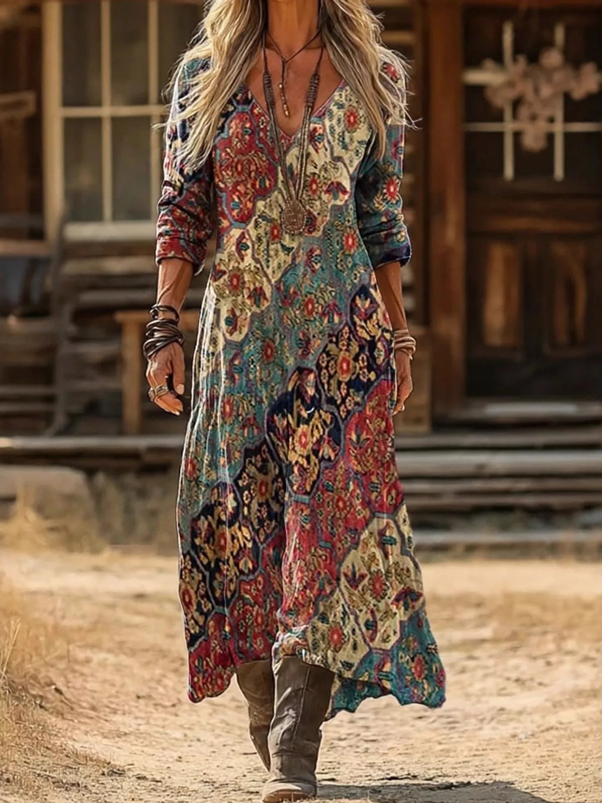 Floral Print V-Neck Long Sleeve Dress in multicolor