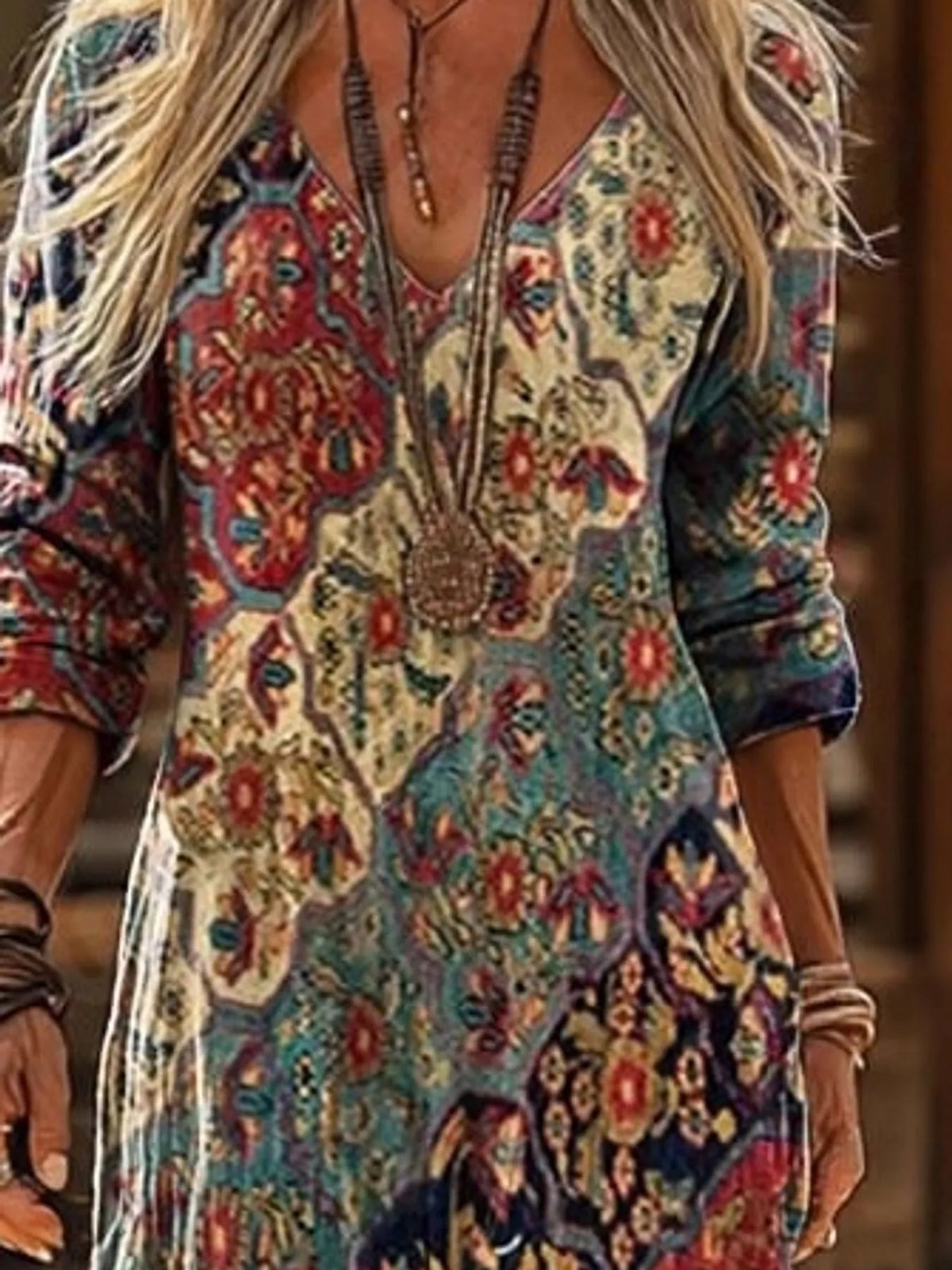 Floral Print V-Neck Long Sleeve Dress, detail view in multicolor