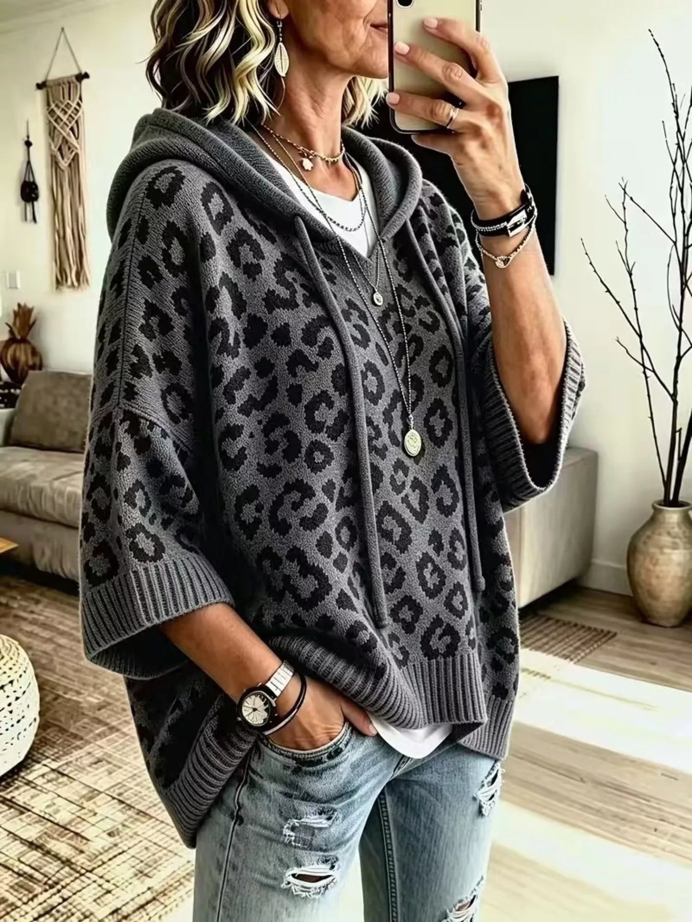 Trendsi Drawstring Leopard Hooded Sweater -
