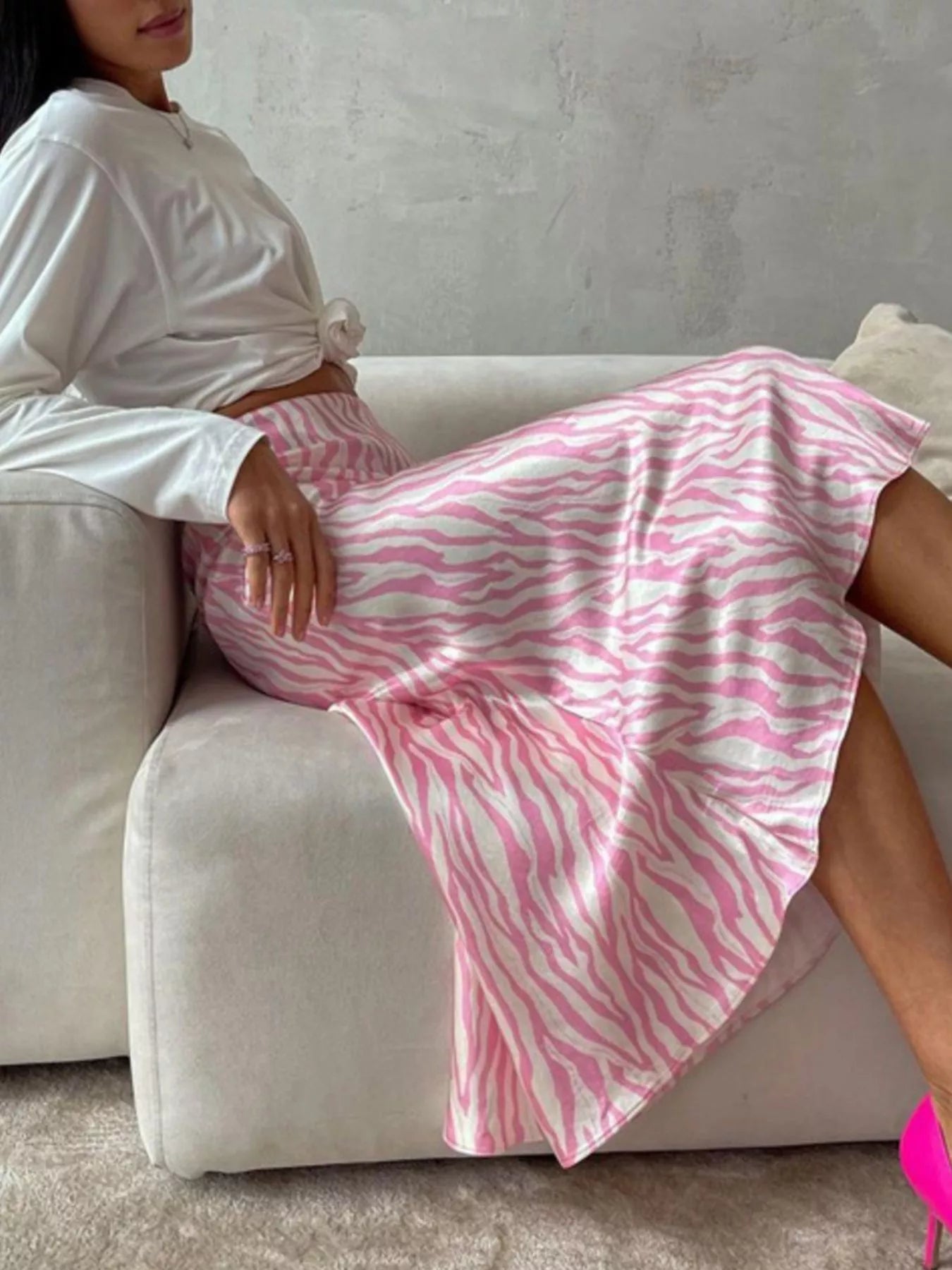 Trendsi Satin Zebra Print Midi Skirt -