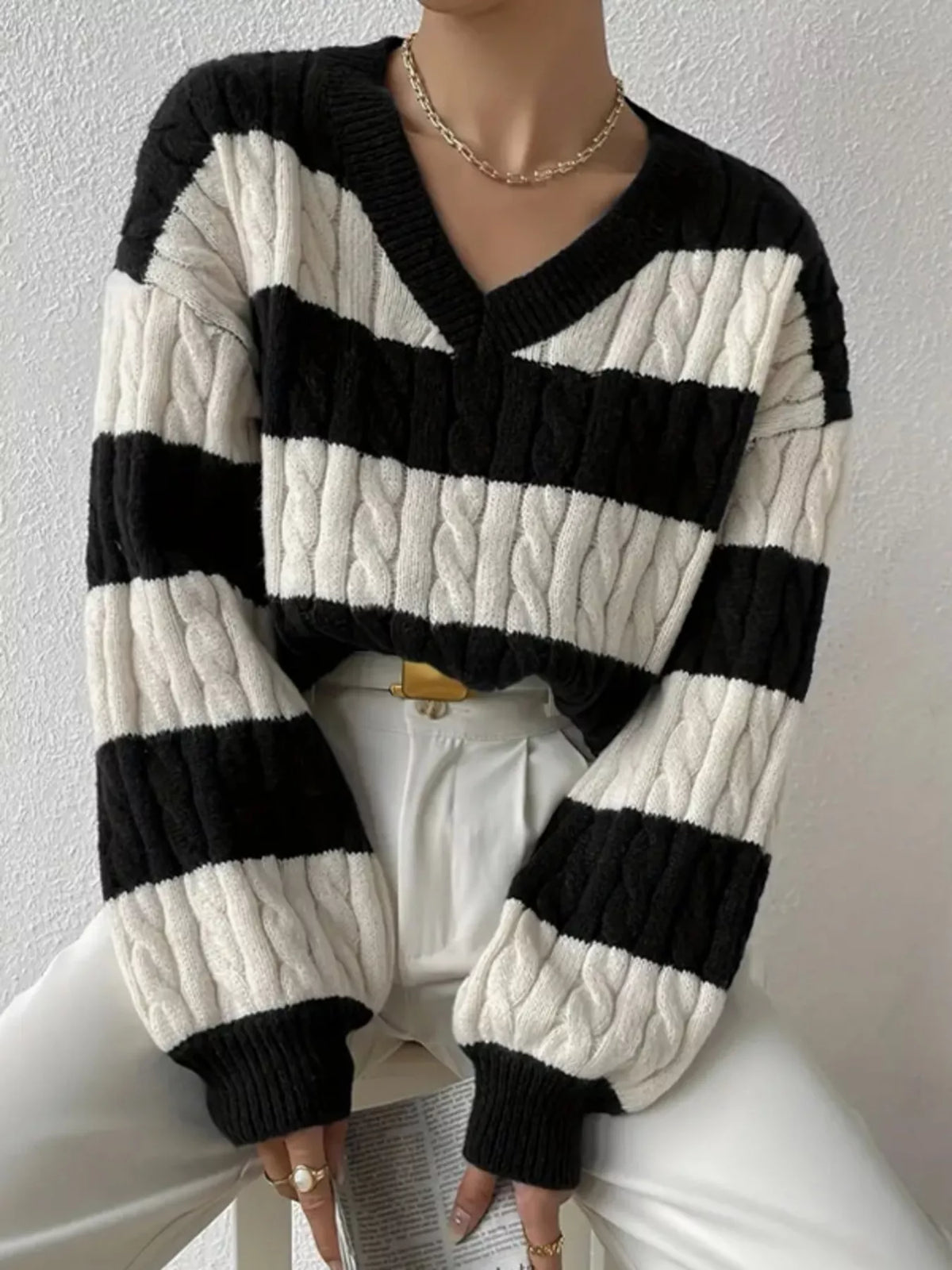 Women's V-Neck Striped Cable Knit Sweater in Black, front view
