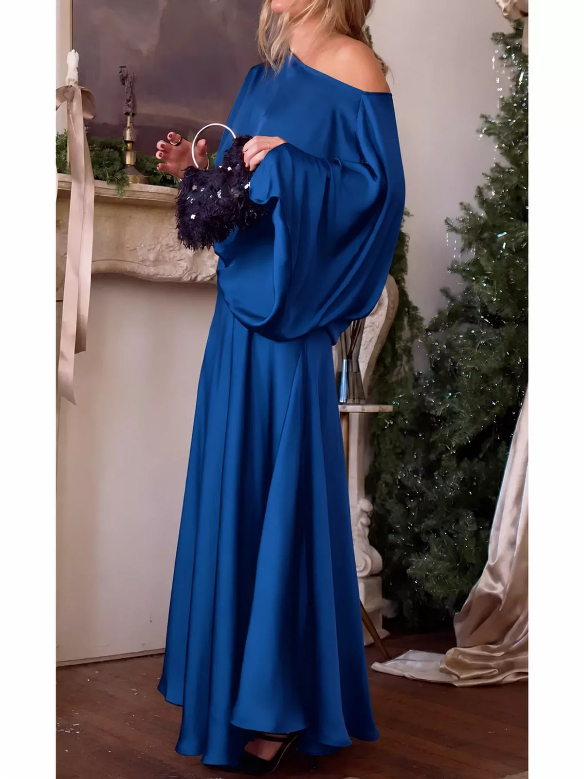 Blue satin cape sleeve maxi dress, side view