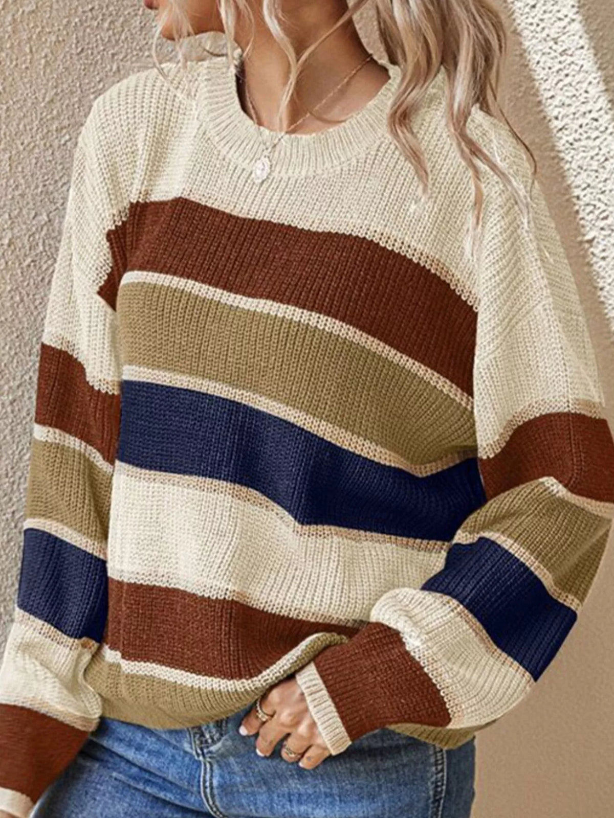 Color Block Striped Crew Neck Sweater in cream with multicolor stripes, front view