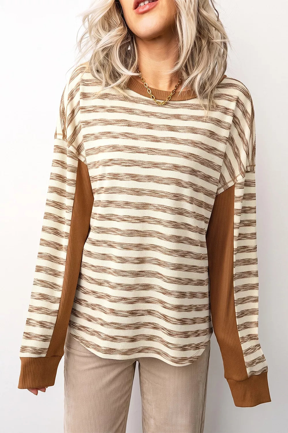 Trendsi Stripe Textured Knit Color Block Trim Long Sleeve Round Neck Top -