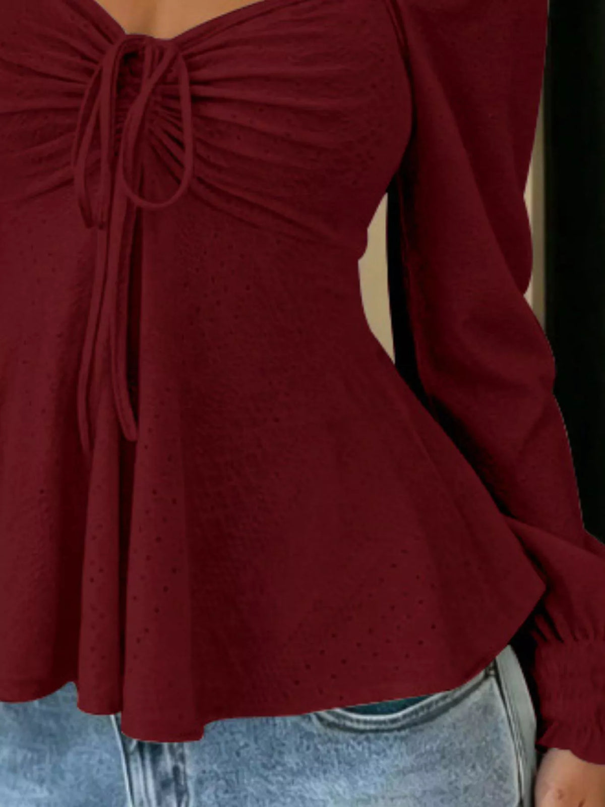 Trendsi Ruched Sweetheart Neck Long Sleeve Top -