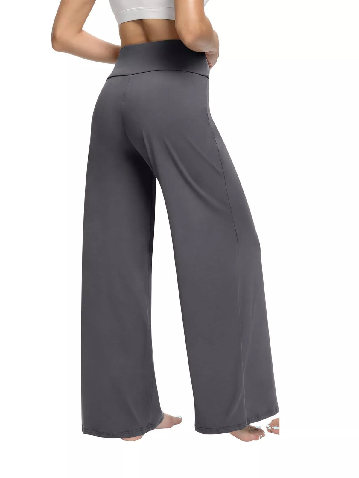 Gray drawstring wide-leg pants — back view