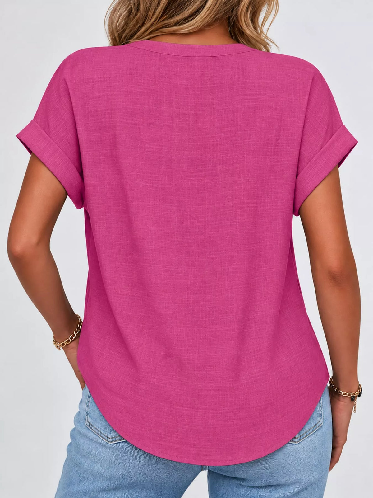 Fuchsia button detail short sleeve blouse, back view
