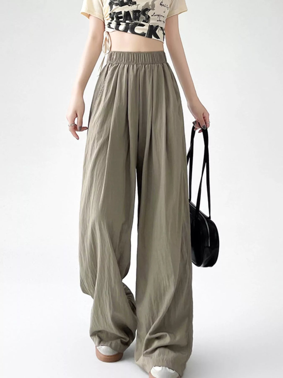 Women's High-Waisted Loose Fit Wide-Leg Casual Pants in taupe — front view