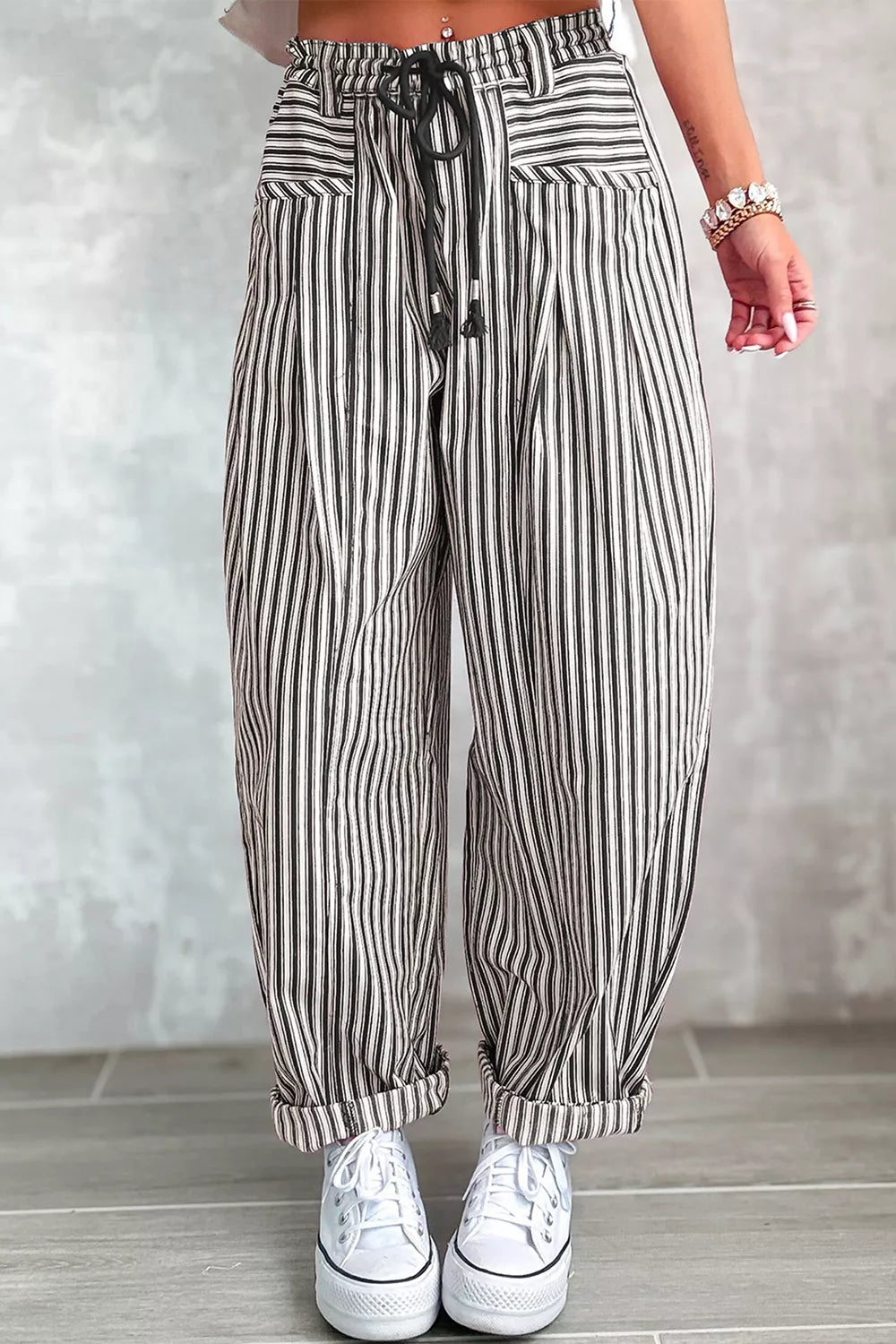 Trendsi Stripe Drawstring Casual Loose Pants -