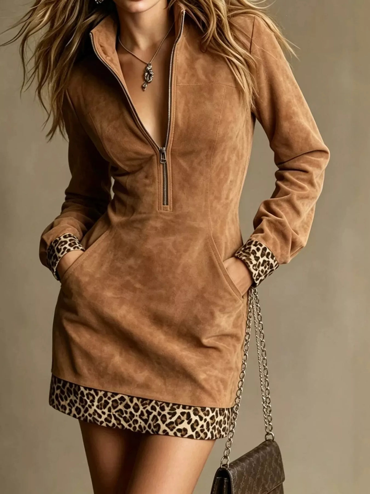 Leopard Trim Half-Zip Mini Dress — front view