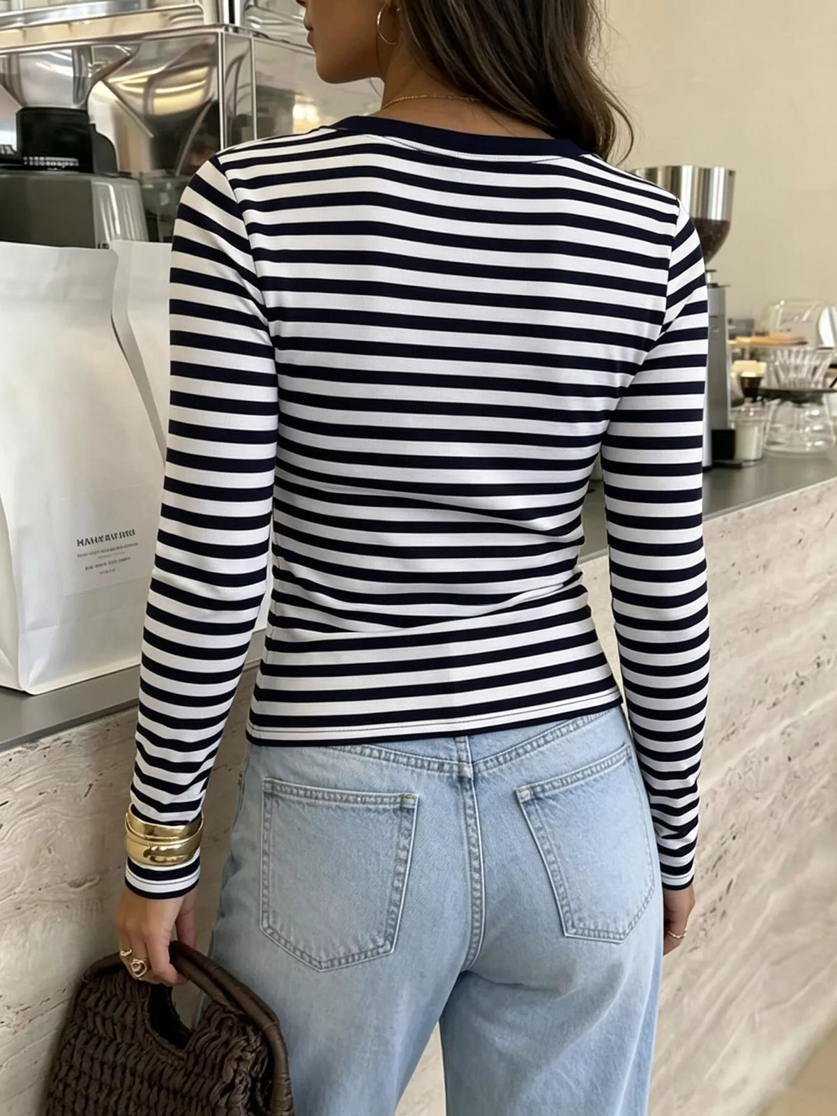 Striped V-Neck Long Sleeve T-Shirt in navy, back view
