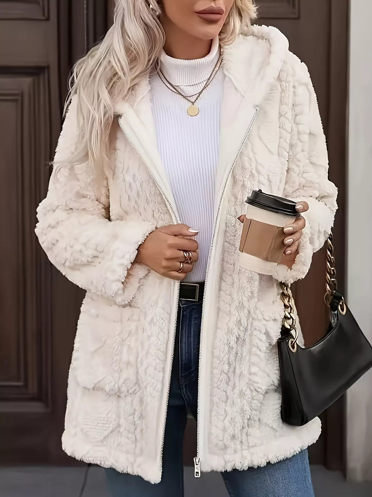 Ivory faux fur hooded zip-up jacket
