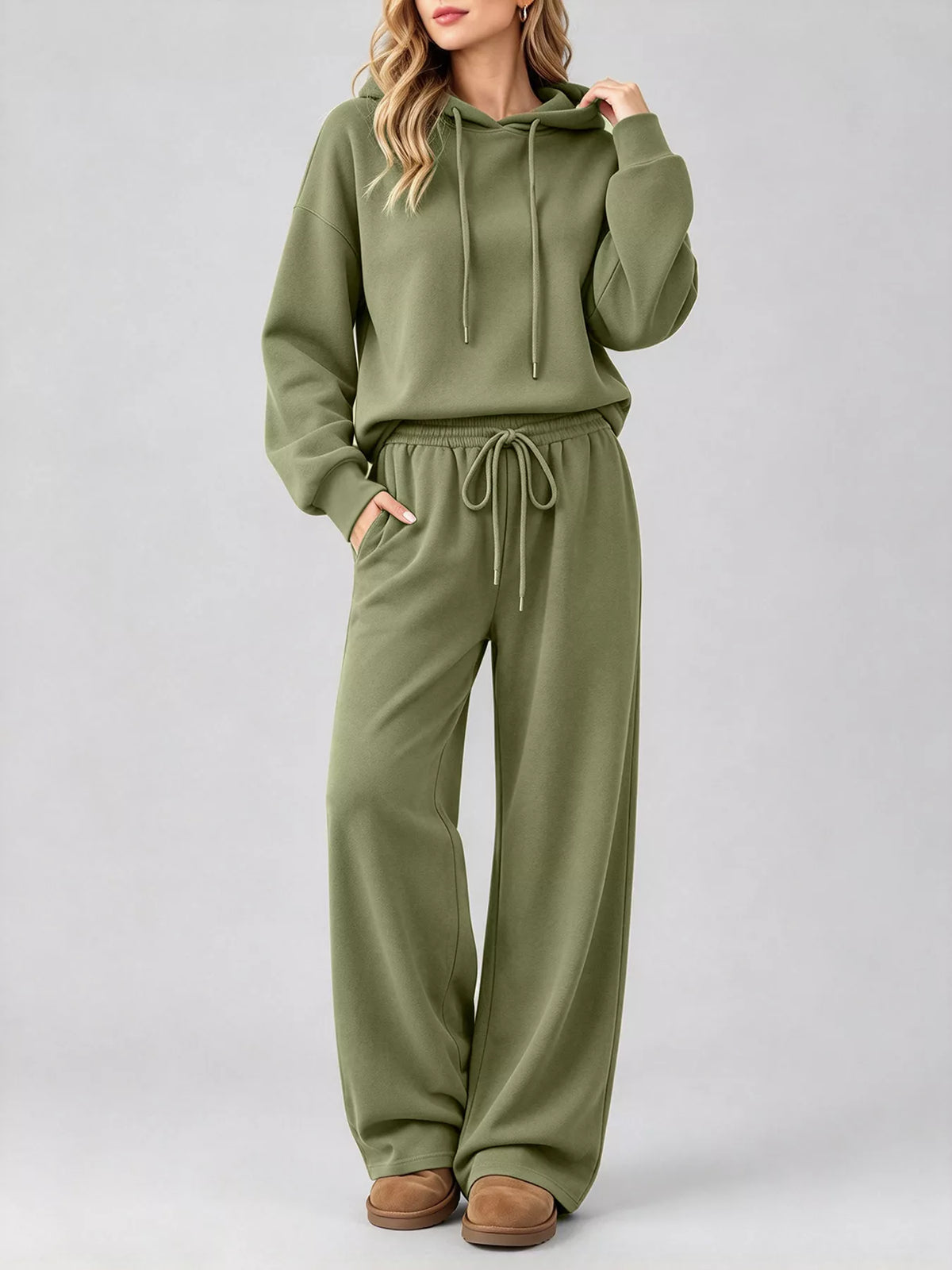 Green dropped shoulder hoodie and wide-leg pants set