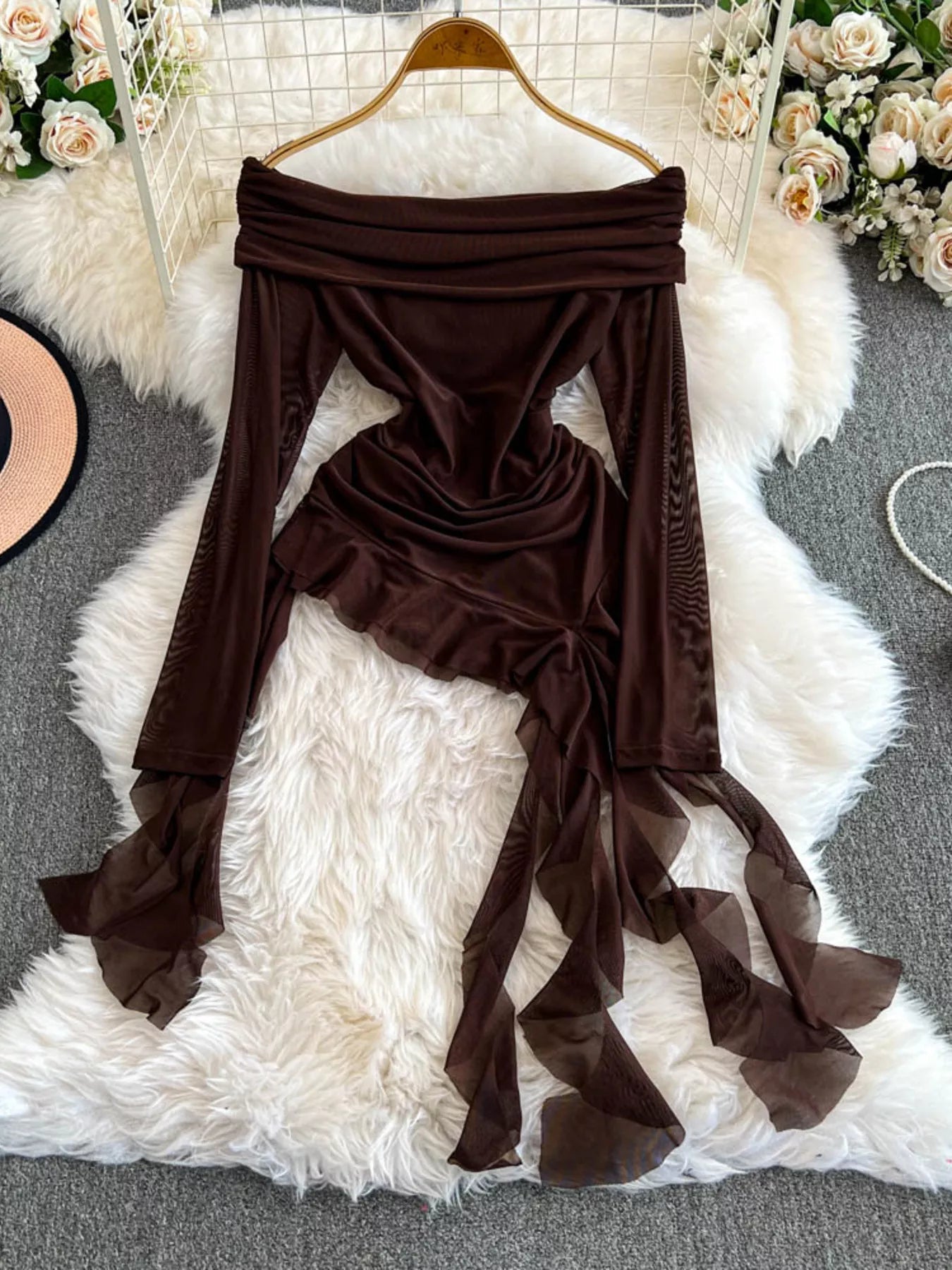 Trendsi Off-Shoulder Ruffled Mesh Top -