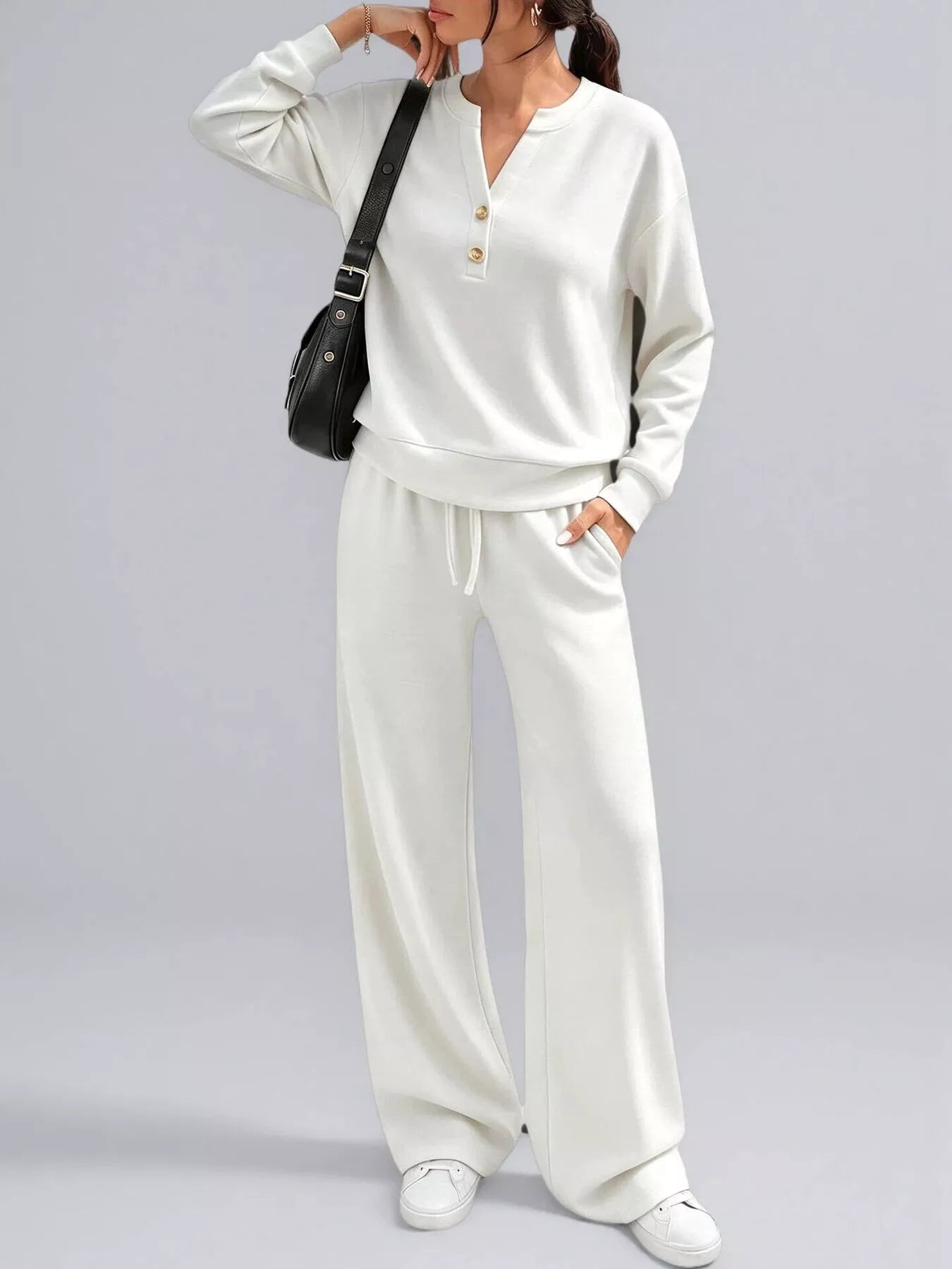 Button-detail dropped-shoulder top and pants set
