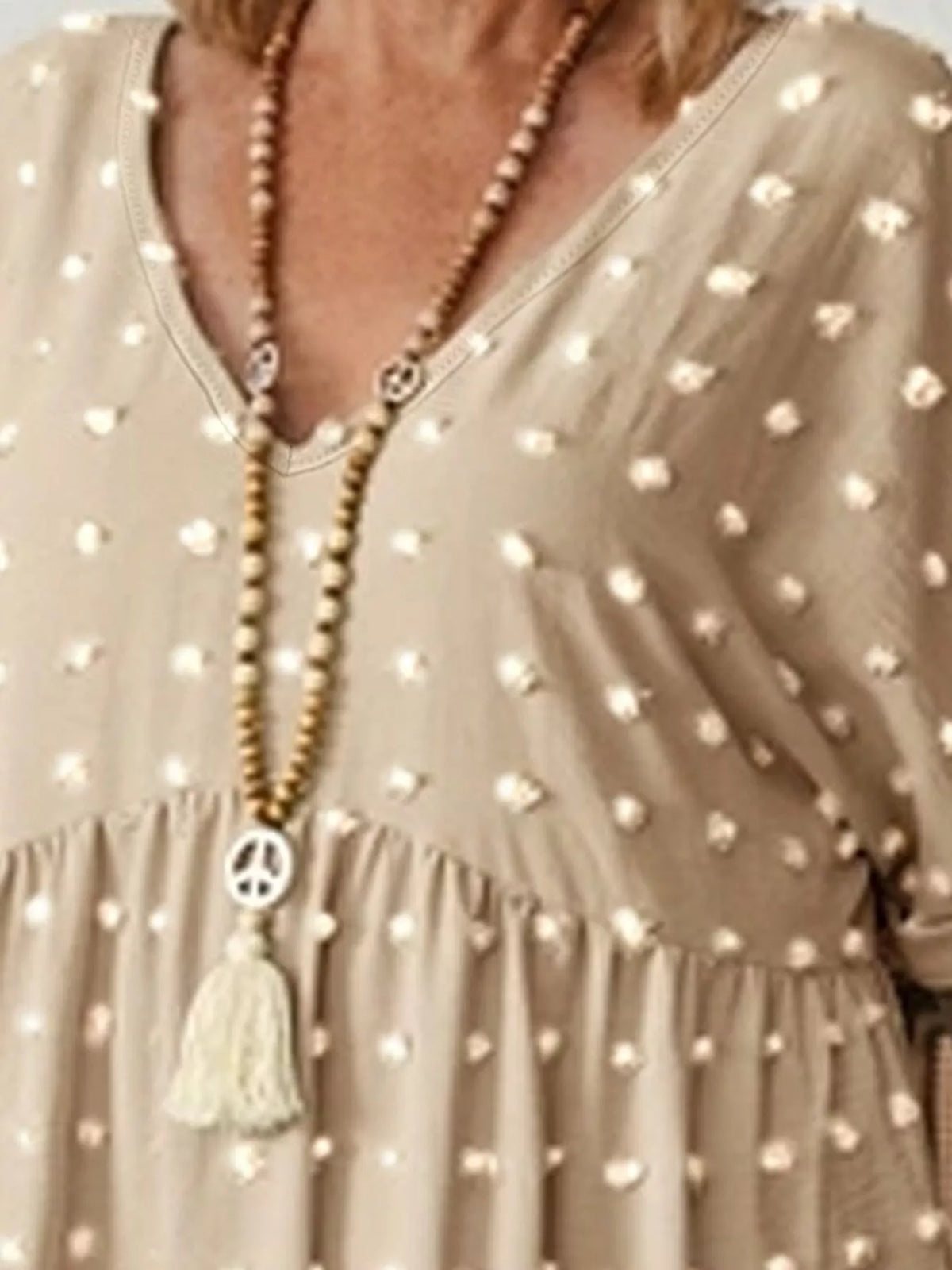 Swiss-dot blouse, beige neckline detail