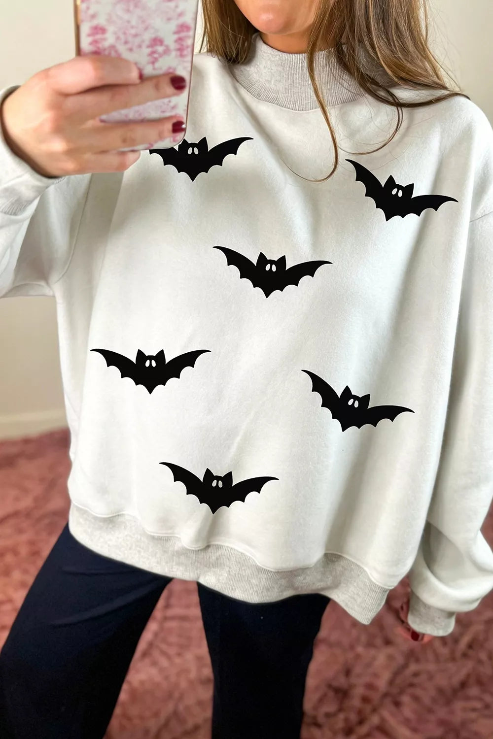 Halloween BOO & Bat Printed Reversible Mock Neck Sweatshirt in white bats, front view