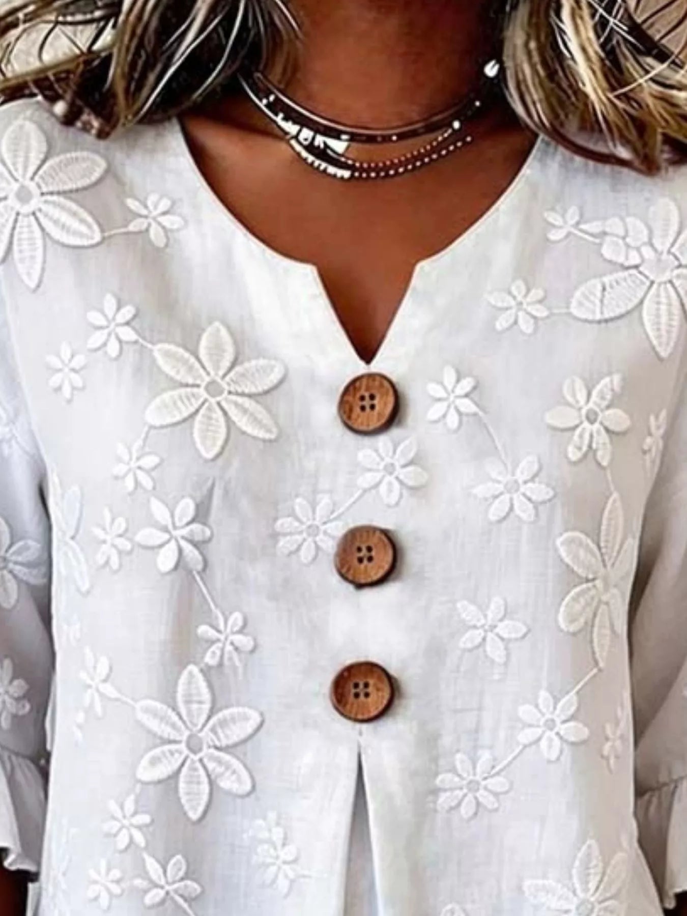 Trendsi Full Size Floral Button Decor 3/4 Sleeve Blouse Plus Size -